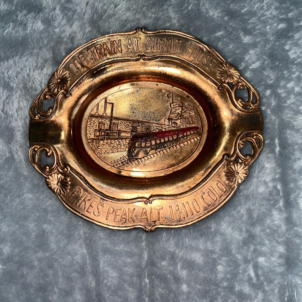 Brass Pikes Peak  Cog Train At Summit House Souvenir Plate Teabag Holder Antique